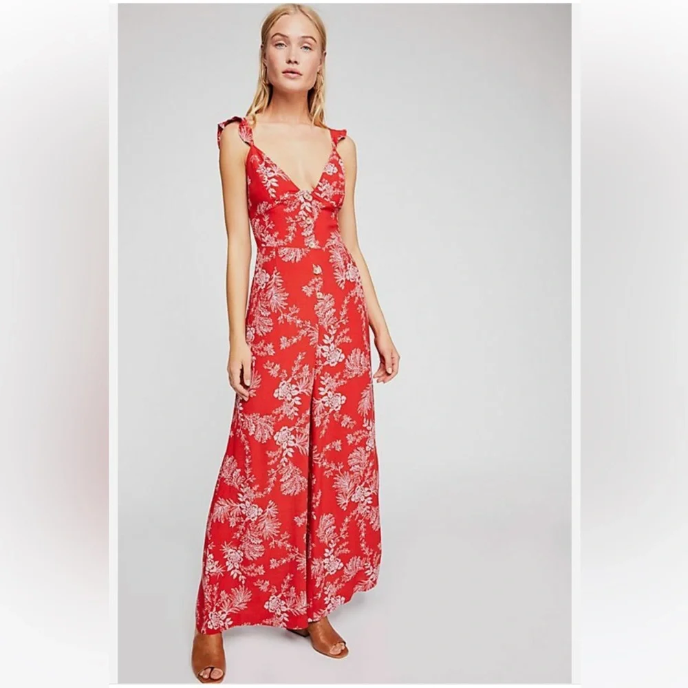 Free People Red Floral Wide Leg Be The One Tropical Pant Boho Tropic Jumpsuit - Picture 15 of 15